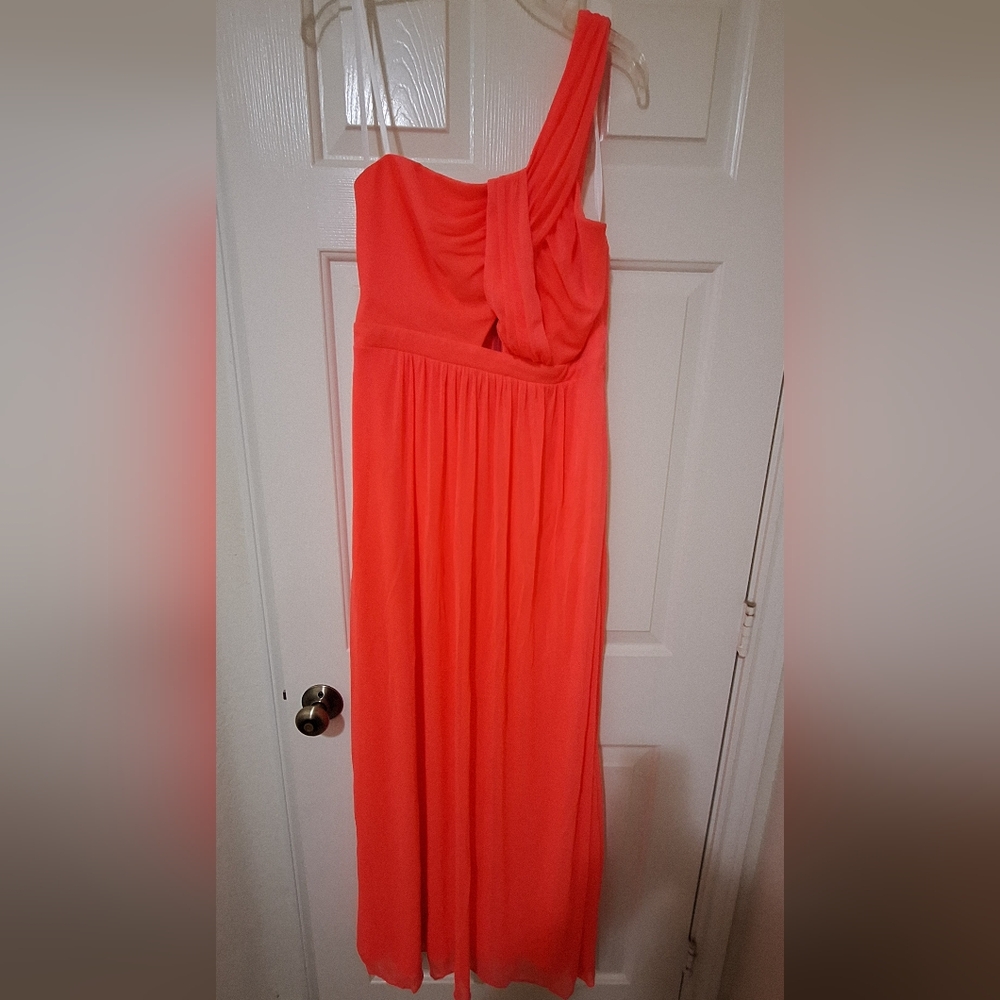 Bright orange one shoulder prom dress